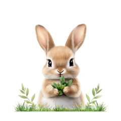 Obraz premium Cute bunny holding fresh greens in a vibrant green environment. isolated against a transparent background.