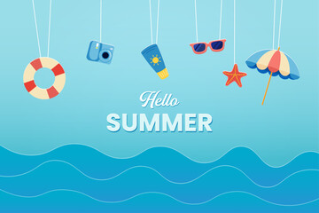 Hello summer with decoration origami hanging on the sky background. Paper art and craft style. Vector illustration of life ring, camera, sunscreen, sunglasses, starfish, umbrella.