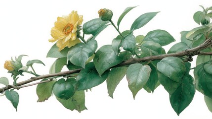Obraz premium Pale yellow flowers and green leaves on a branch, watercolor painting style.