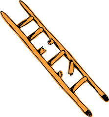 wooden orange stepladder with broken steps, sketch hand drawn with black curved lines