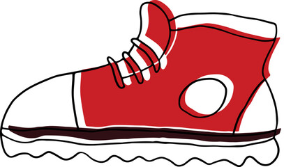 one red sneaker with laces and a white circle with white inserts, side view, hand drawn with black curved lines