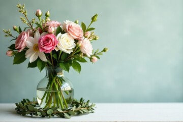 Fototapeta premium Delicate floral wreath surrounding a glass vase with greenery and flowers , greenery, flowers