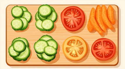 Sliced vegetables on wooden board.