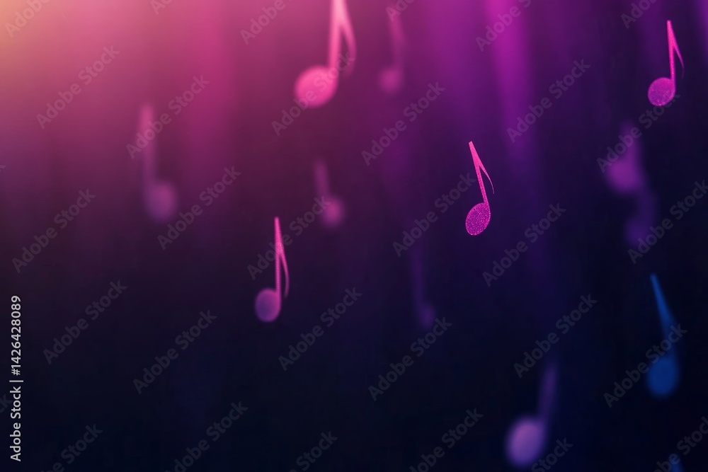 Poster A dark abstract background features glowing music notes and clefs in soft blues and purples, offering a tranquil and melodic ambiance with ample copy space