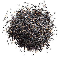 Poppy seeds scattered, isolated on white background, clipping path --v 7.0