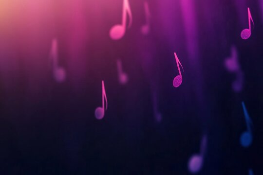 A dark abstract background features glowing music notes and clefs in soft blues and purples, offering a tranquil and melodic ambiance with ample copy space
