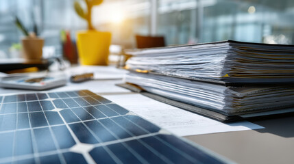 US solar cell tariff, solar cell sits on desk surrounded by paperwork highlighting importance of us solar tariff discussions