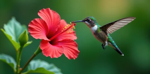 Naklejka premium Delicate hummingbird-like creature perched on a hibiscus flower stem, beautiful, garden