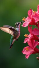 Obraz premium Delicate hummingbird sips nectar from honeysuckle blooms, hummingbirds, honeysuckle