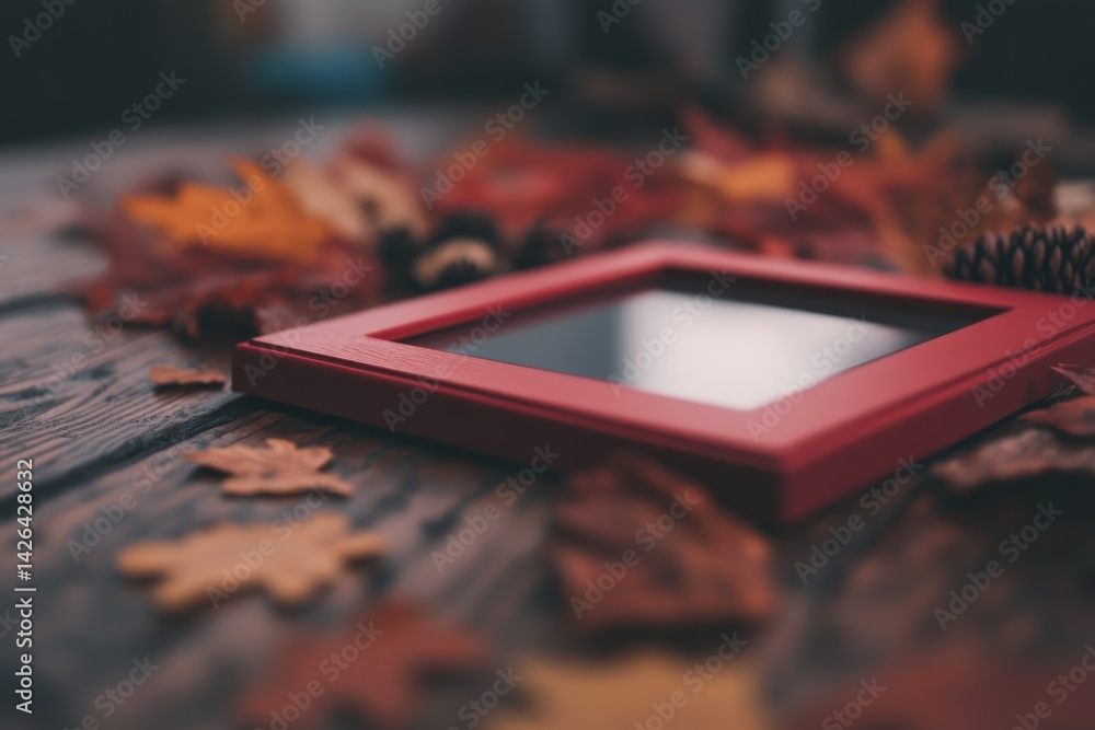 Poster A red photo frame rests on a textured wooden surface, surrounded by colorful autumn leaves, creating a warm and inviting ambiance with ample copy space