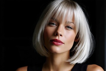 Naklejka premium This captivating close-up portrait captures the essence of modern beauty, highlighting the woman's striking features and confident expression set against a dark backdrop.