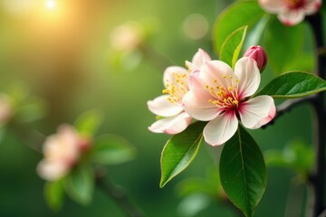 Fototapeta premium Delicate peach blossoms amidst lush green foliage , floral pattern, spring
