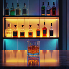 Elegant glass of whiskey with colorful bottles on a bar counter