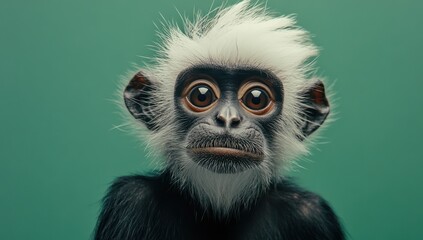 Obraz premium Cute baby monkey portrait, green background, wildlife photography, for children's book