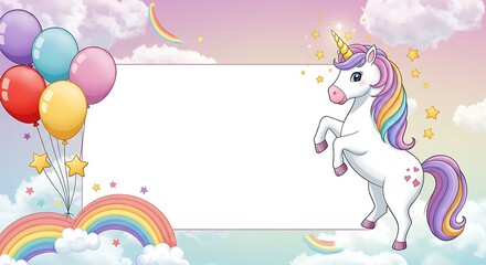 Cute Cartoon Unicorn with Balloons and Rainbow Birthday Invitation Template