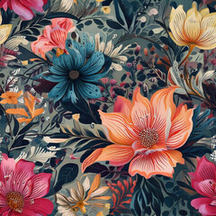 vibrant floral pattern featuring dynamic flower shapes and abstract botanical elements, creating lively and colorful design