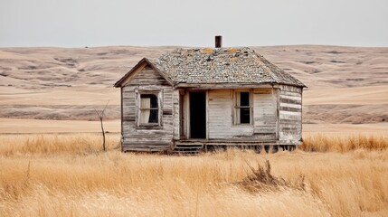 A weathered gray wooden house stands alone in a field of golden wheat under a pale sky.