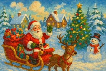 Fototapeta premium Cheerful Santa with Reindeer, Gifts, and Festive Winter Scene