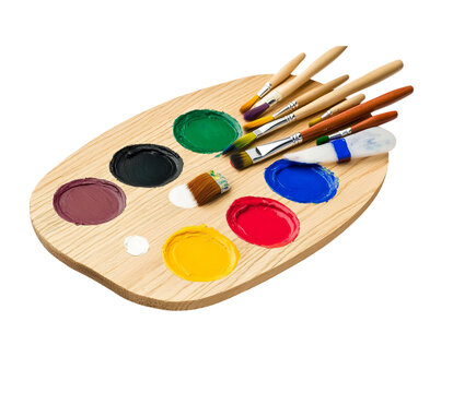 A wooden art palette with paintbrushes and colorful paints, isolated on Png Format and Transparent Background