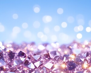 Sparkling purple gemstones against a soft blue bokeh background