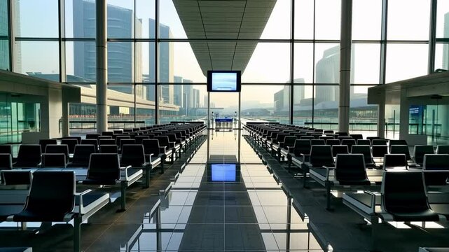 

Rows of empty black chairs line a quiet airport terminal, where sunlight filters through large glass windows, offering a clear view of the runway outside.