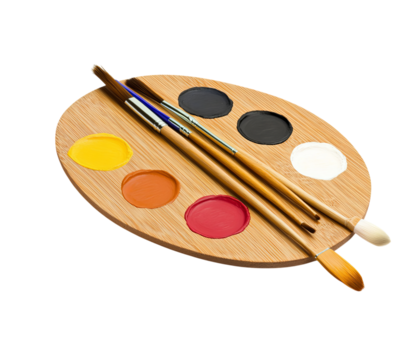 A wooden art palette with paintbrushes and colorful paints, isolated on Png Format and Transparent Background - Powered by Adobe