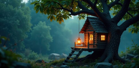 Delicate wooden branches twine around a lantern-lit treehouse , wooden, lantren
