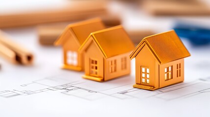 Three golden house models sit on architectural blueprints