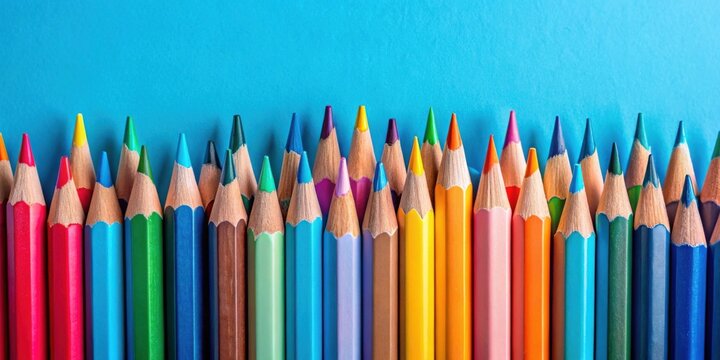 Vibrant Colored Pencils Arranged in a Colorful Row Against a Blue Background