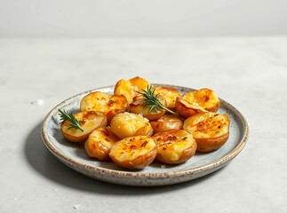 Roasted potatoes with rosemary sprigs on ceramic plate with light-colored backdrop