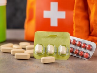 Assorted Medications and First Aid Kit with Tablets and Capsules