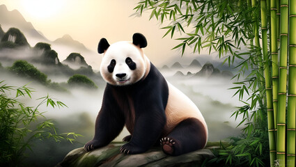 A serene panda sitting peacefully in a bamboo forest, with cinematic lighting and dramatic depth of field, mist curling through the trees in the background.