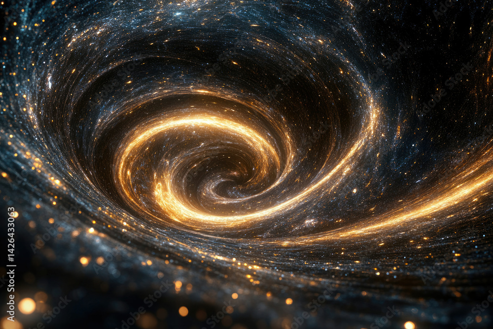 Poster a mesmerizing cosmic swirl, a vortex of golden light and stars within a dark, infinite space.