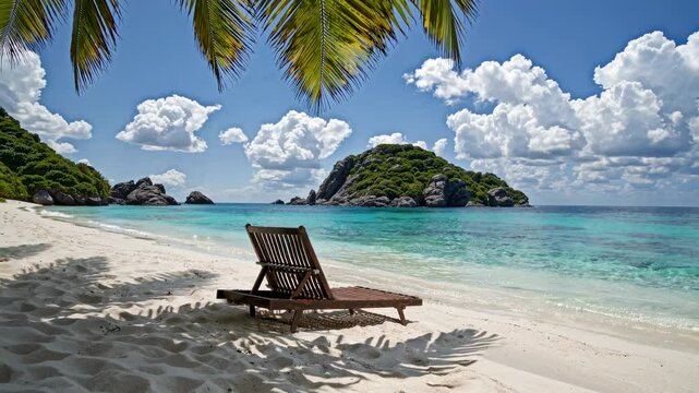 Tropical beach scene with a wooden lounge chair under palm leaves. Wide-angle shot captures turquoise waters and a distant island, ideal for a travel video.