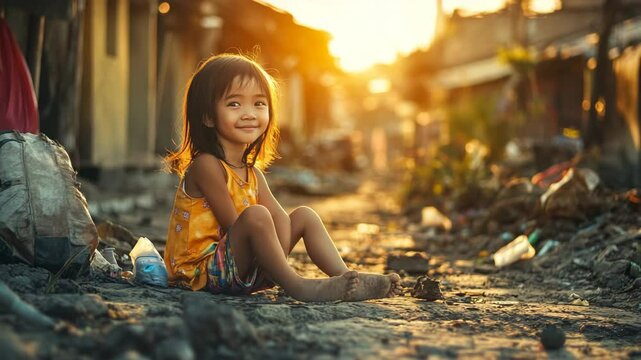 Smiling child sitting among garbage in poor neighborhood