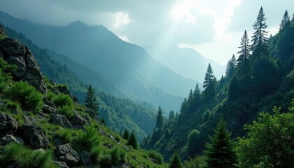 Fototapeta premium Dense forest landscape with rugged terrain and misty atmosphere, earthy tones, mountains