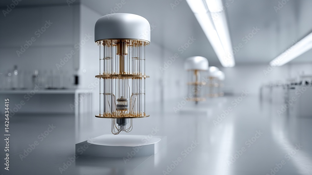 Aufkleber quantum computing infrastructure: intricate cryostat architecture within a sterile laboratory