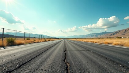 Deserted motorsport circuit with weeds growing through the cracks in the pavement, growth, weeds