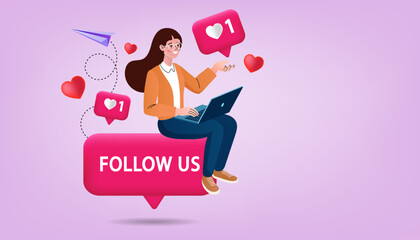 Follow us on social media concept. A woman with a laptop invites users to join an online community, with like and heart notification icons. A call to action for digital marketing, audience engagement.