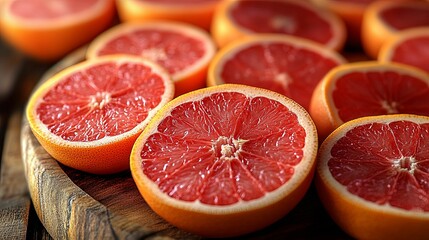 Close-up view of multiple grapefruit slices on a wooden board.