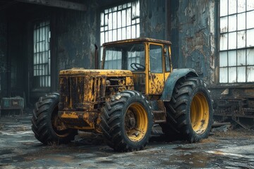 Fototapeta premium Abandoned yellow tractor in a derelict factory