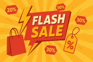 Fototapeta premium Exciting Flash Sale Announcement with Discount Labels and Shopping Bag