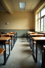 Fototapeta premium Desolate room with wooden desks and empty chairs, study space, isolated