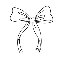 Linear white bow concept. Decoration for gift, present boxes and clothes. New Year and Christmas. Creativity and art. Outline flat vector illustration isolated on pink background