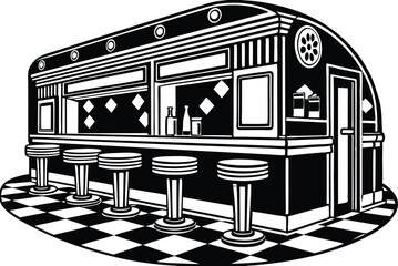 A 1950s style retro diner with neon signs, checkered floor, chrome stools, and vintage posters