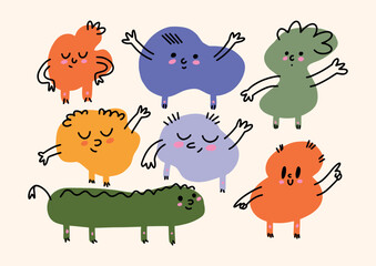 Set of hand-drawn playful abstract characters in colorful childlike style. Funny rounded creatures with faces, arms in various poses. Illustration for banner, social media, posters and marketing