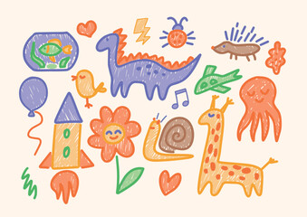 Set of hand-drawn playful doodles in colorful childlike style. Dinosaur, giraffe, rocket and flower animals andimaginative elements. Illustration for banner, social media, posters and marketing