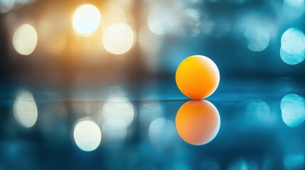 A vibrant orange ping pong ball rests on a reflective surface, illuminated by soft bokeh lights, perfect for sports, leisure, or advertising contexts.