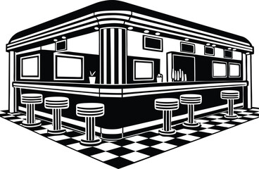 A 1950s style retro diner with neon signs, checkered floor, chrome stools, and vintage posters