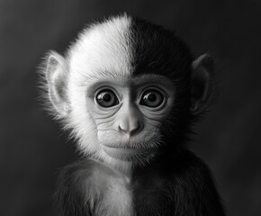 Fototapeta premium Half-black, half-white monkey portrait; dark background; duality concept; stock photo